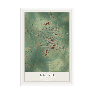 Map of Wagener, South Carolina, 12 x 18 inch print in a white wood frame