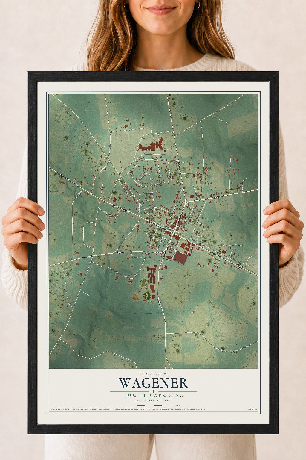 Map of Wagener, South Carolina, 18 x 24 inch print in a black wood frame