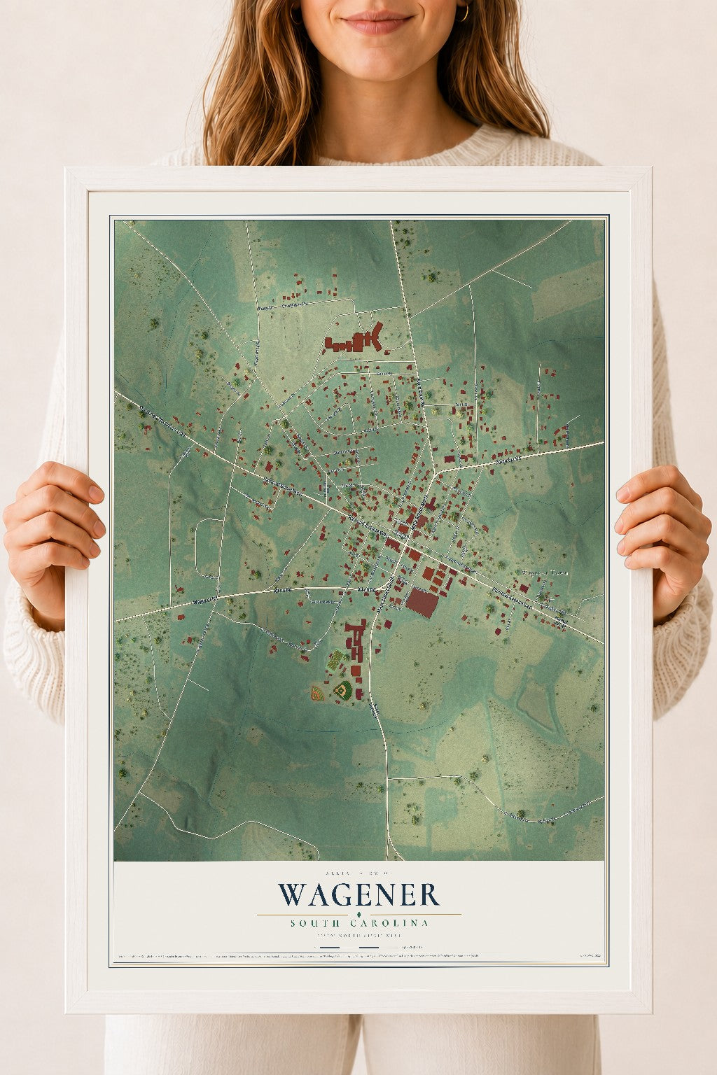 Map of Wagener, South Carolina, 18 x 24 inch print in a white wood frame