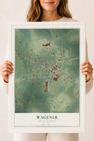 Map of Wagener, South Carolina, 18 x 24 inch print in a white wood frame