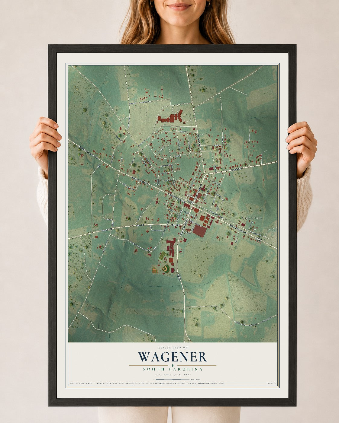 Map of Wagener, South Carolina, 24 x 36 inch print in a black wood frame