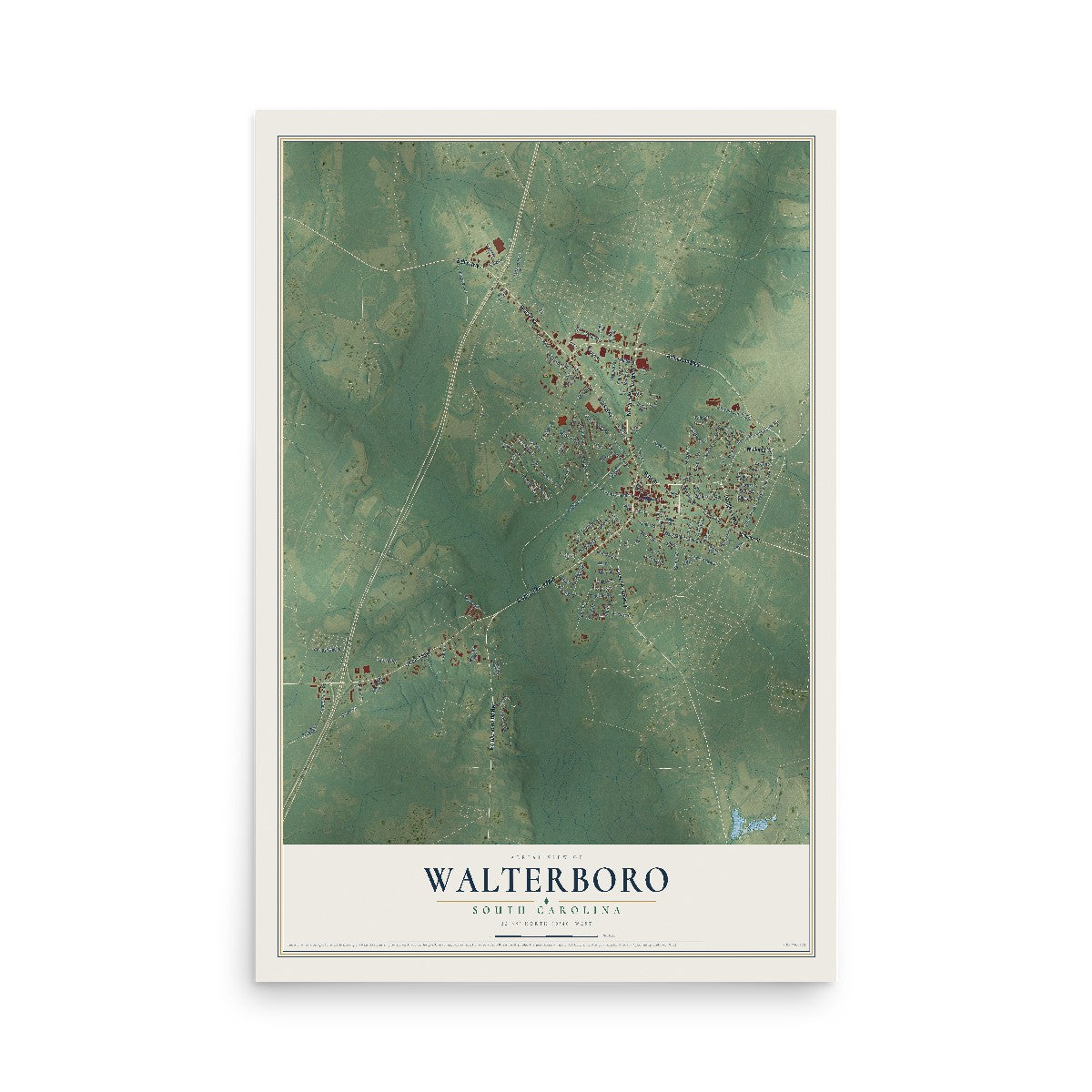 Map of Walterboro, South Carolina, 12 x 18 inch unframed archival matte print
