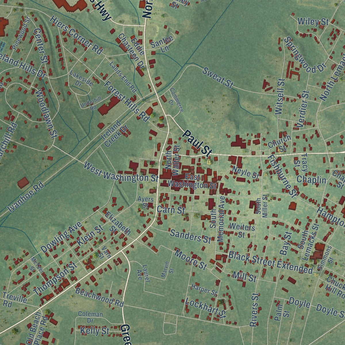Close-up of the map of Walterboro, South Carolina print showing street and building detail