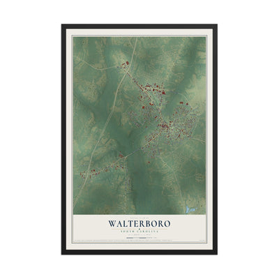 Map of Walterboro, South Carolina, 12 x 18 inch print in a black wood frame