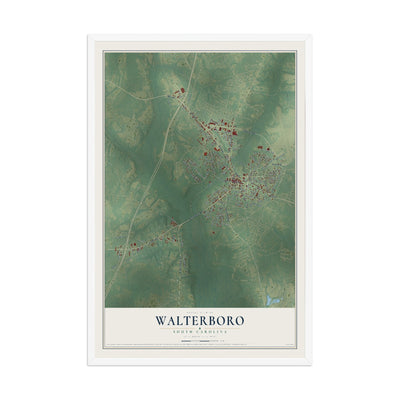Map of Walterboro, South Carolina, 12 x 18 inch print in a white wood frame