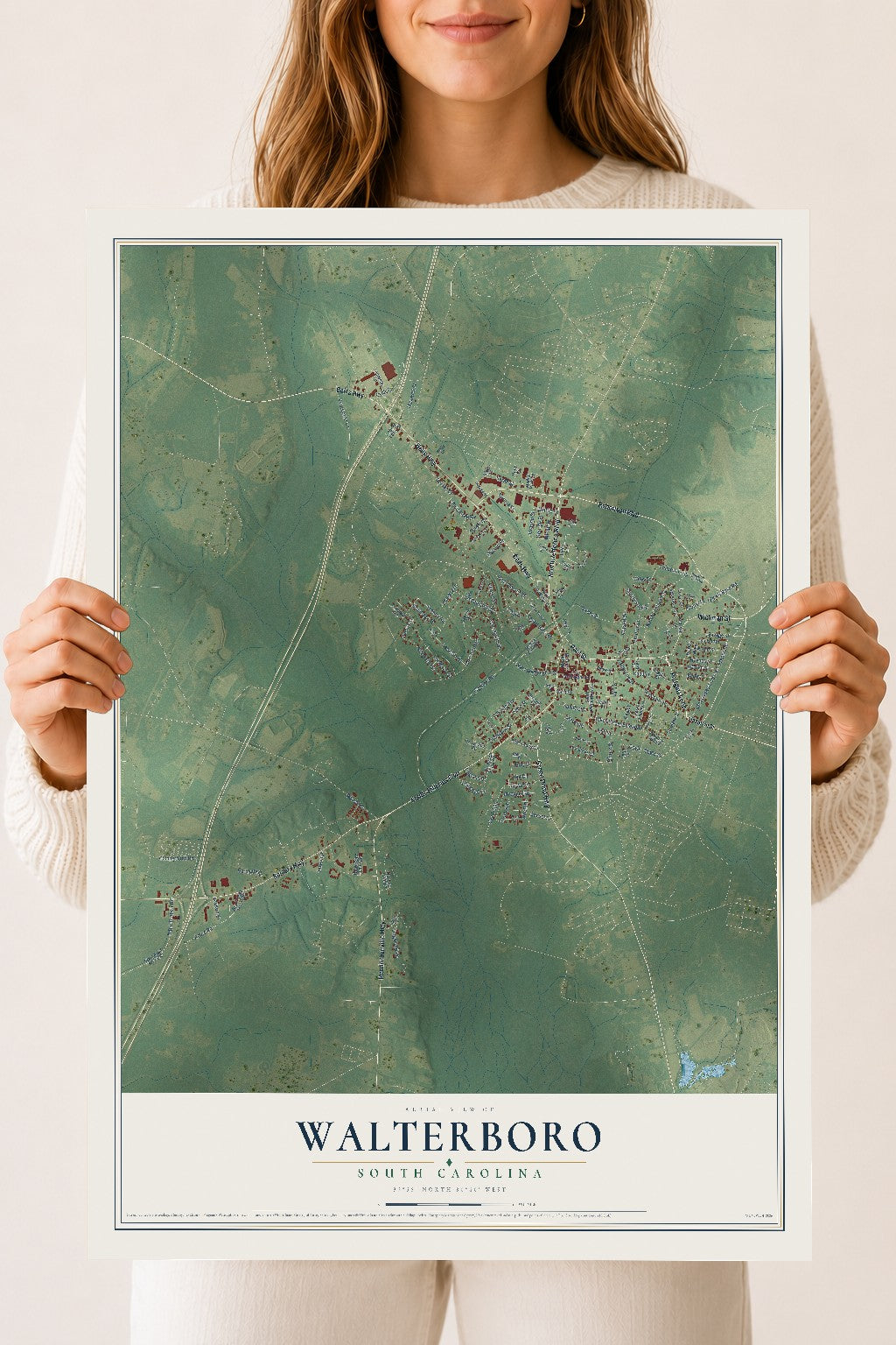 Map of Walterboro, South Carolina, 18 x 24 inch unframed archival matte print