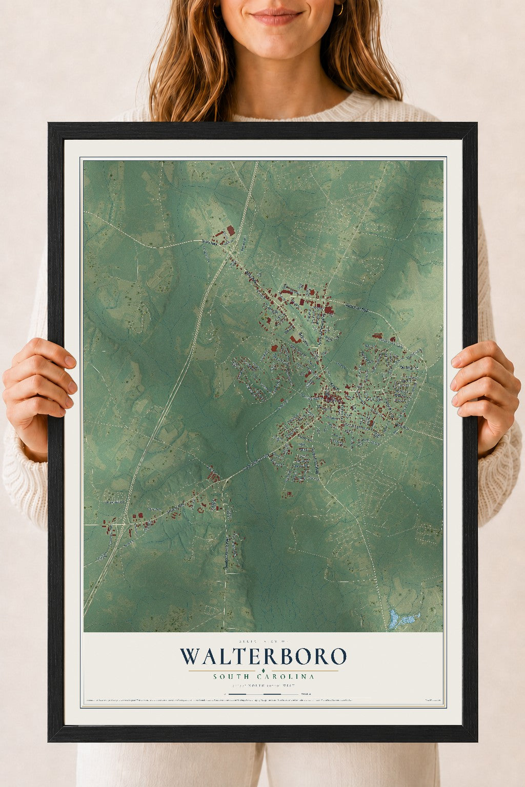 Map of Walterboro, South Carolina, 18 x 24 inch print in a black wood frame