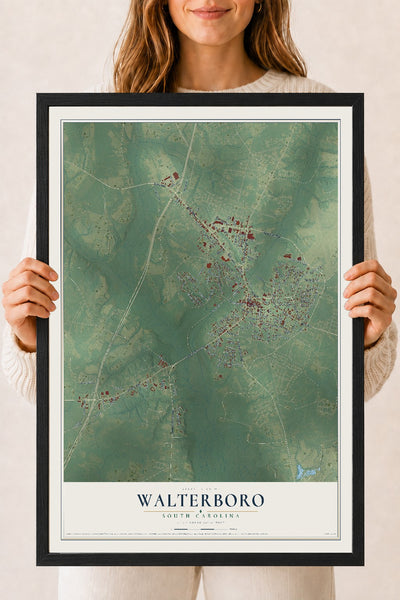 Map of Walterboro, South Carolina, 18 x 24 inch print in a black wood frame