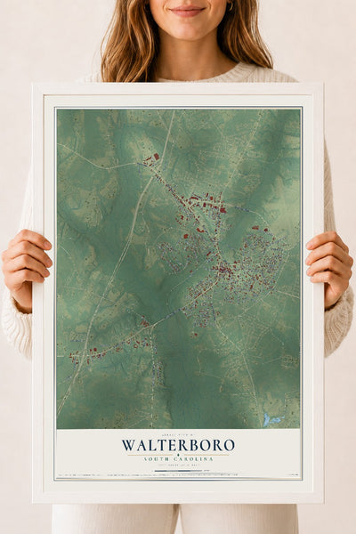 Map of Walterboro, South Carolina, 18 x 24 inch print in a white wood frame