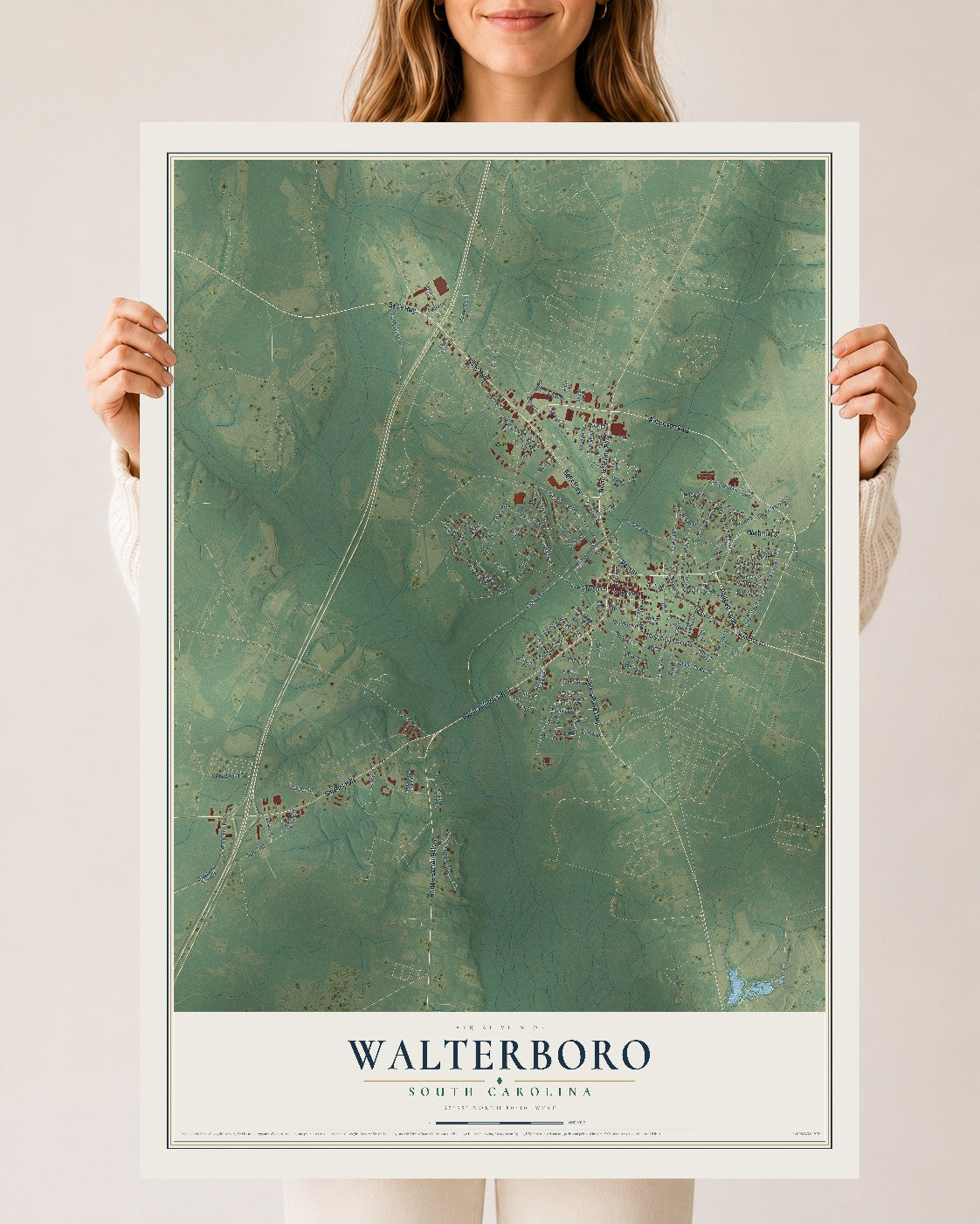 Map of Walterboro, South Carolina, 24 x 36 inch unframed archival matte print