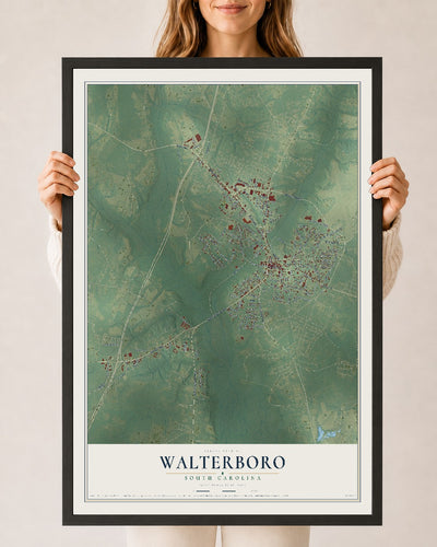 Map of Walterboro, South Carolina, 24 x 36 inch print in a black wood frame