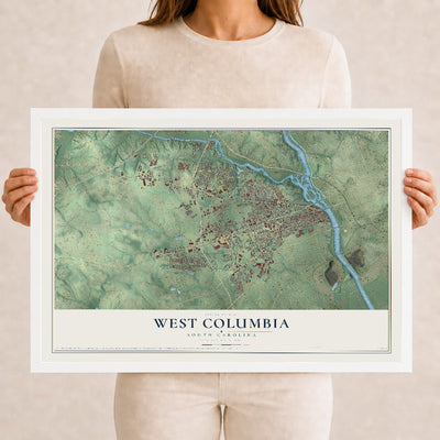 Map of West Columbia, South Carolina, 12 x 18 inch print in a white wood frame