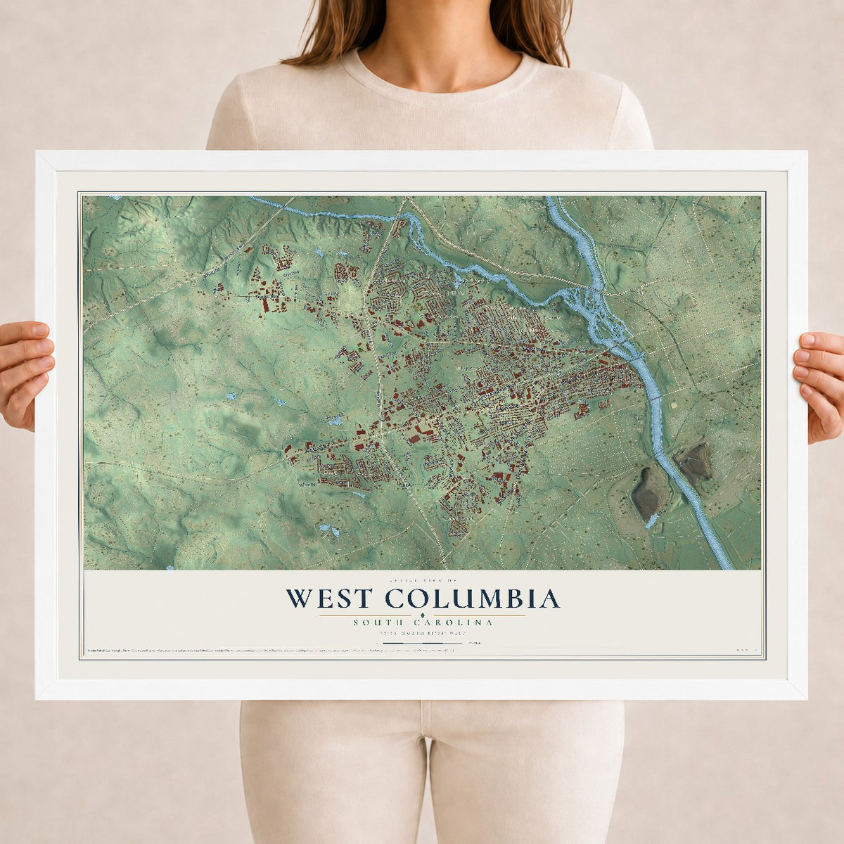 Map of West Columbia, South Carolina, 18 x 24 inch print in a white wood frame