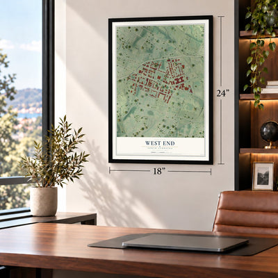 West End, South Carolina map, 18 x 24 inch print in a black frame in a home office