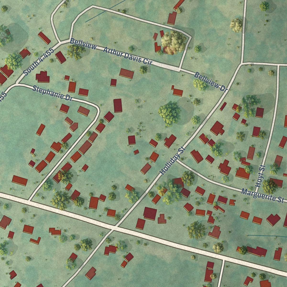 Close-up of the map of West Pelzer, South Carolina print showing street and building detail