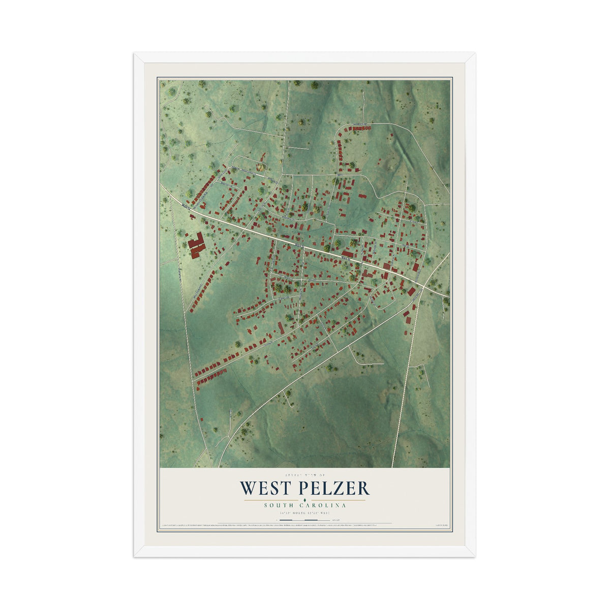 Map of West Pelzer, South Carolina, 12 x 18 inch print in a white wood frame