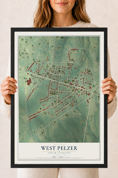 Map of West Pelzer, South Carolina, 18 x 24 inch print in a black wood frame
