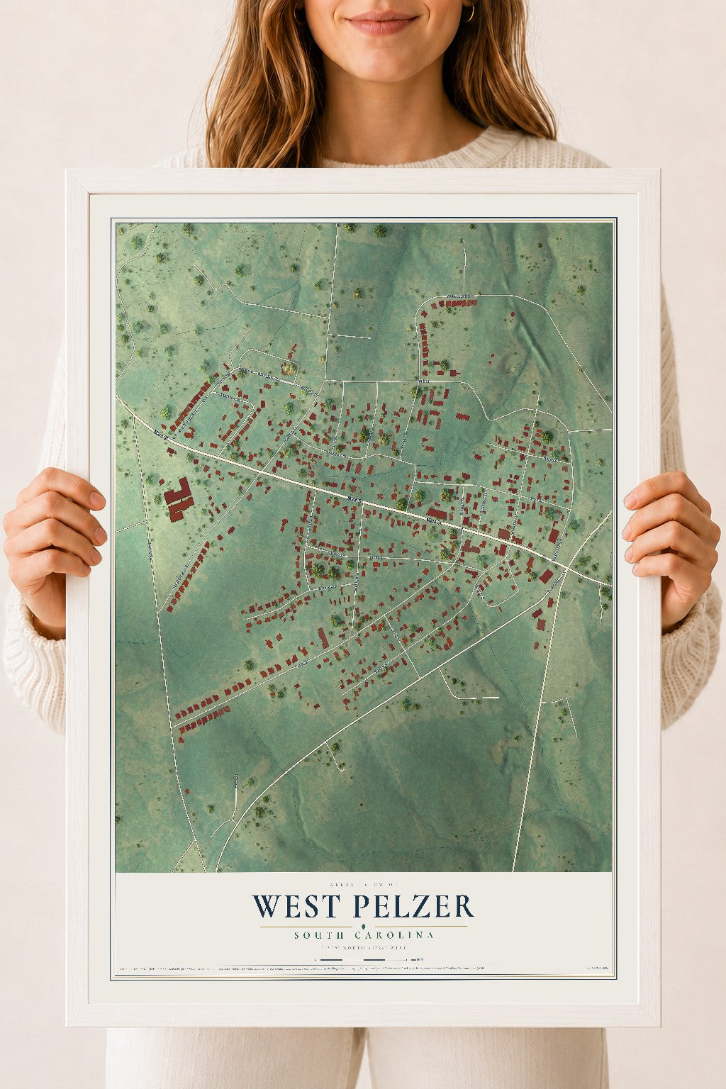 Map of West Pelzer, South Carolina, 18 x 24 inch print in a white wood frame