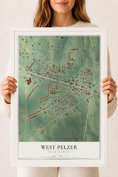Map of West Pelzer, South Carolina, 18 x 24 inch print in a white wood frame