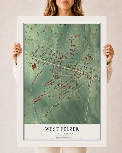 Map of West Pelzer, South Carolina, 24 x 36 inch print in a white wood frame