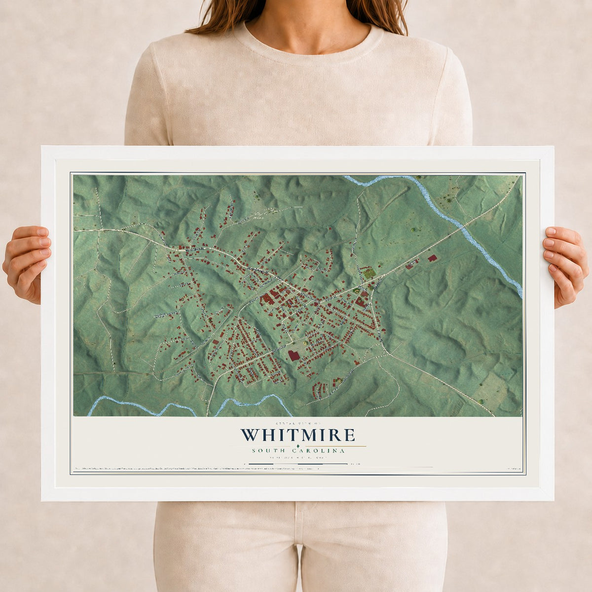 Map of Whitmire, South Carolina, 12 x 18 inch print in a white wood frame