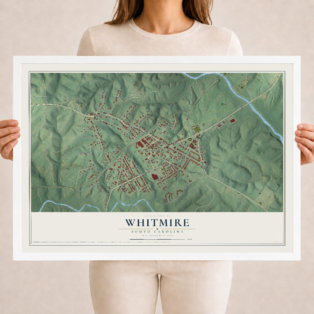 Map of Whitmire, South Carolina, 18 x 24 inch print in a white wood frame