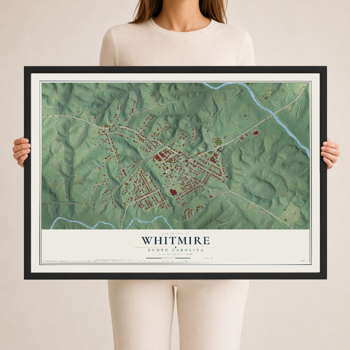 Map of Whitmire, South Carolina, 24 x 36 inch print in a black wood frame