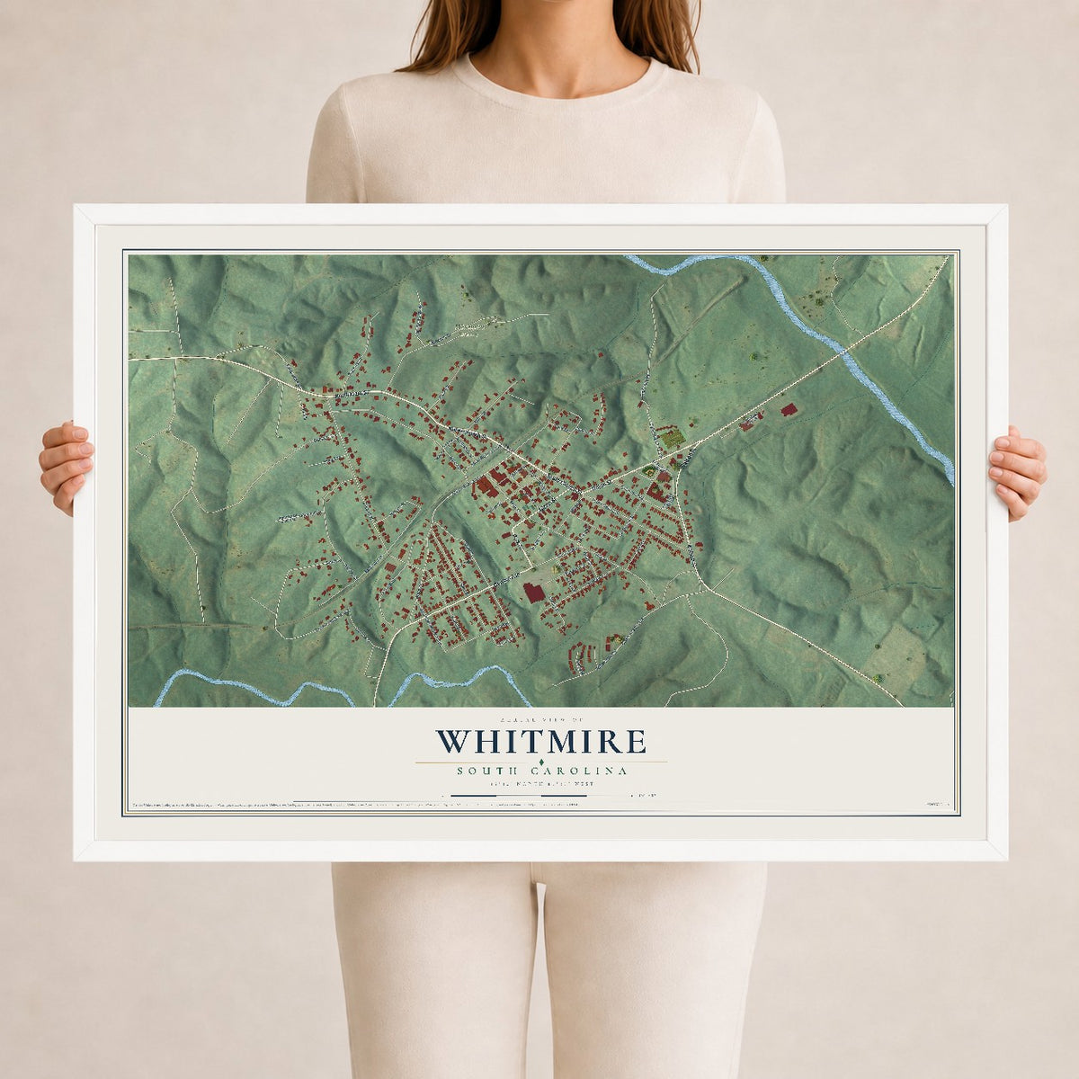 Map of Whitmire, South Carolina, 24 x 36 inch print in a white wood frame