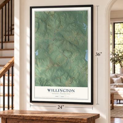 Willington, South Carolina map, 24 x 36 inch print in a black frame by a staircase