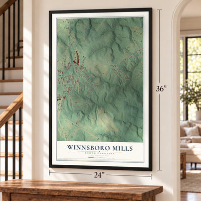 Winnsboro Mills, South Carolina map, 24 x 36 inch print in a black frame by a staircase