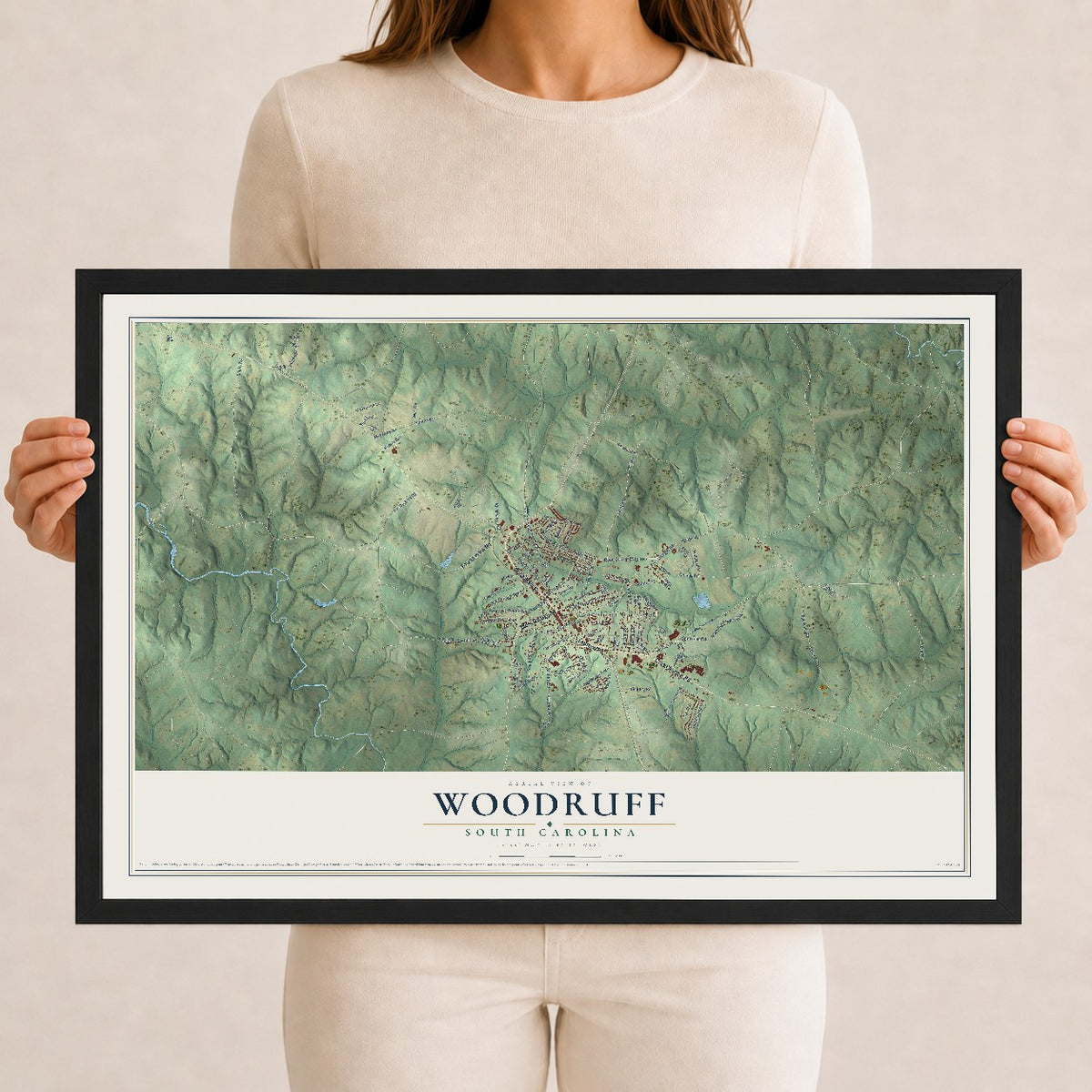 Map of Woodruff, South Carolina, 12 x 18 inch print in a black wood frame