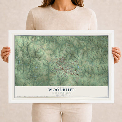 Map of Woodruff, South Carolina, 12 x 18 inch print in a white wood frame