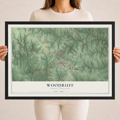Map of Woodruff, South Carolina, 18 x 24 inch print in a black wood frame
