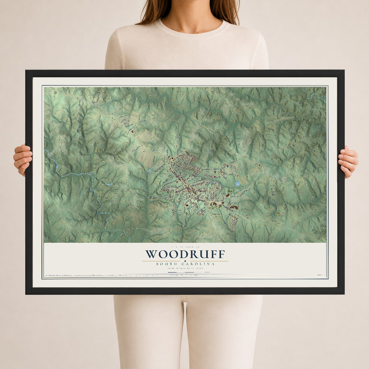 Map of Woodruff, South Carolina, 24 x 36 inch print in a black wood frame