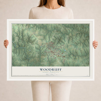 Map of Woodruff, South Carolina, 24 x 36 inch print in a white wood frame