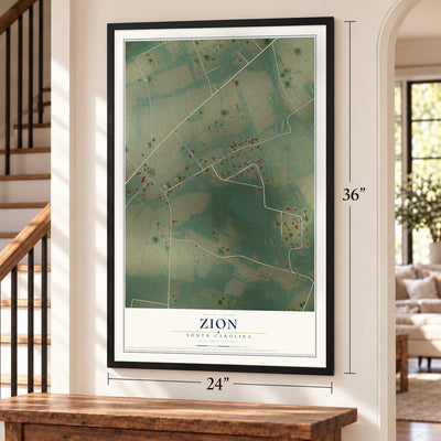Zion, South Carolina map, 24 x 36 inch print in a black frame by a staircase