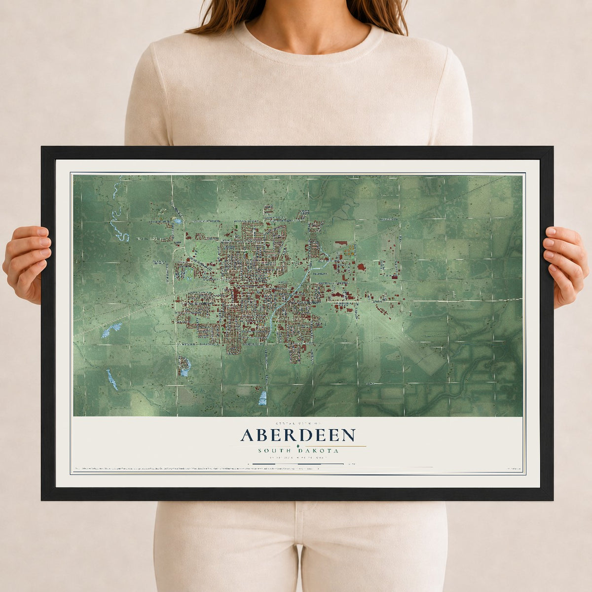 Map of Aberdeen, South Dakota, 12 x 18 inch print in a black wood frame