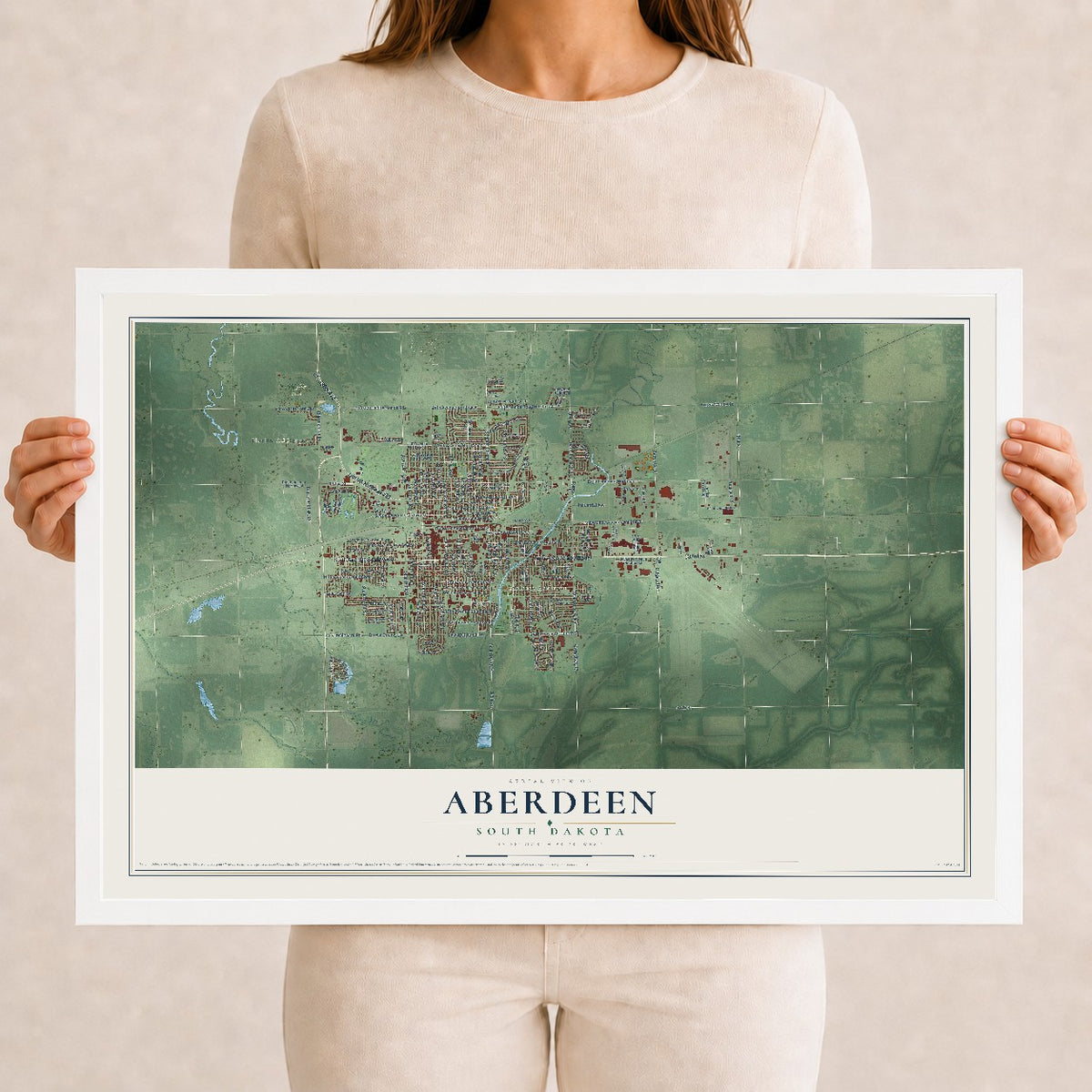 Map of Aberdeen, South Dakota, 12 x 18 inch print in a white wood frame