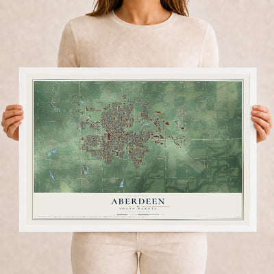 Map of Aberdeen, South Dakota, 12 x 18 inch print in a white wood frame