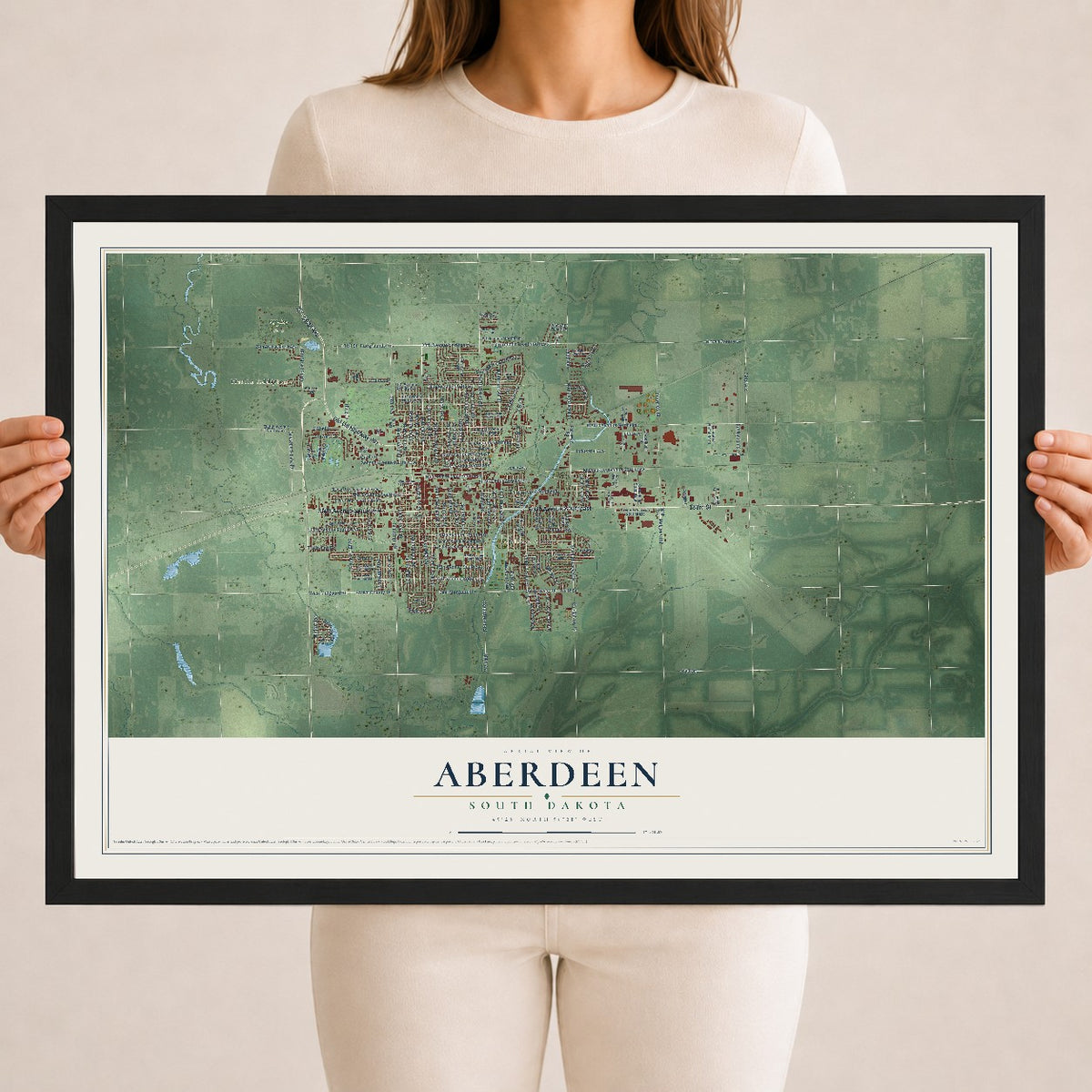 Map of Aberdeen, South Dakota, 18 x 24 inch print in a black wood frame