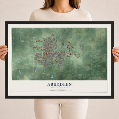 Map of Aberdeen, South Dakota, 18 x 24 inch print in a black wood frame