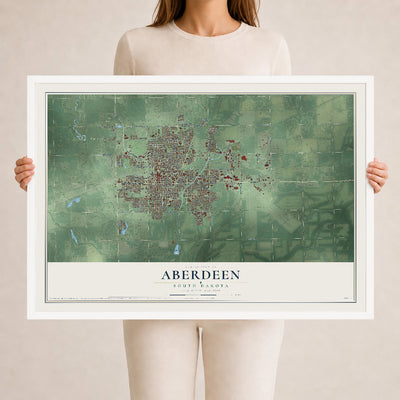 Map of Aberdeen, South Dakota, 24 x 36 inch print in a white wood frame