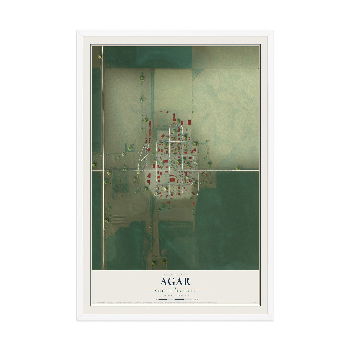 Map of Agar, South Dakota, 12 x 18 inch print in a white wood frame