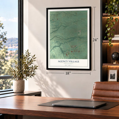 Agency Village, South Dakota map, 18 x 24 inch print in a black frame in a home office