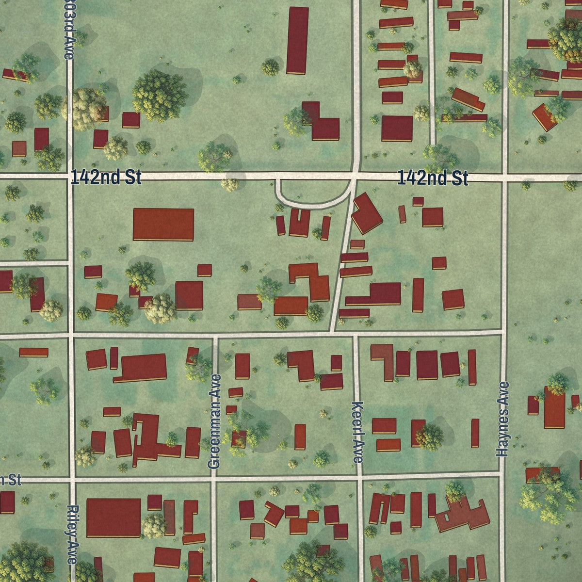 Close-up of the map of Akaska, South Dakota print showing street and building detail