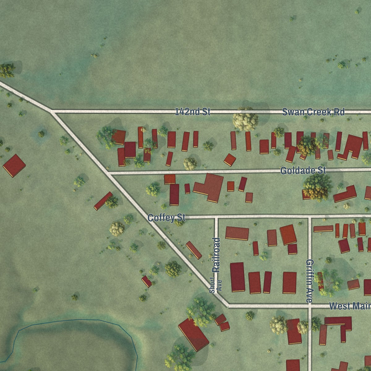 Second close-up of the map of Akaska, South Dakota print showing more streets and buildings