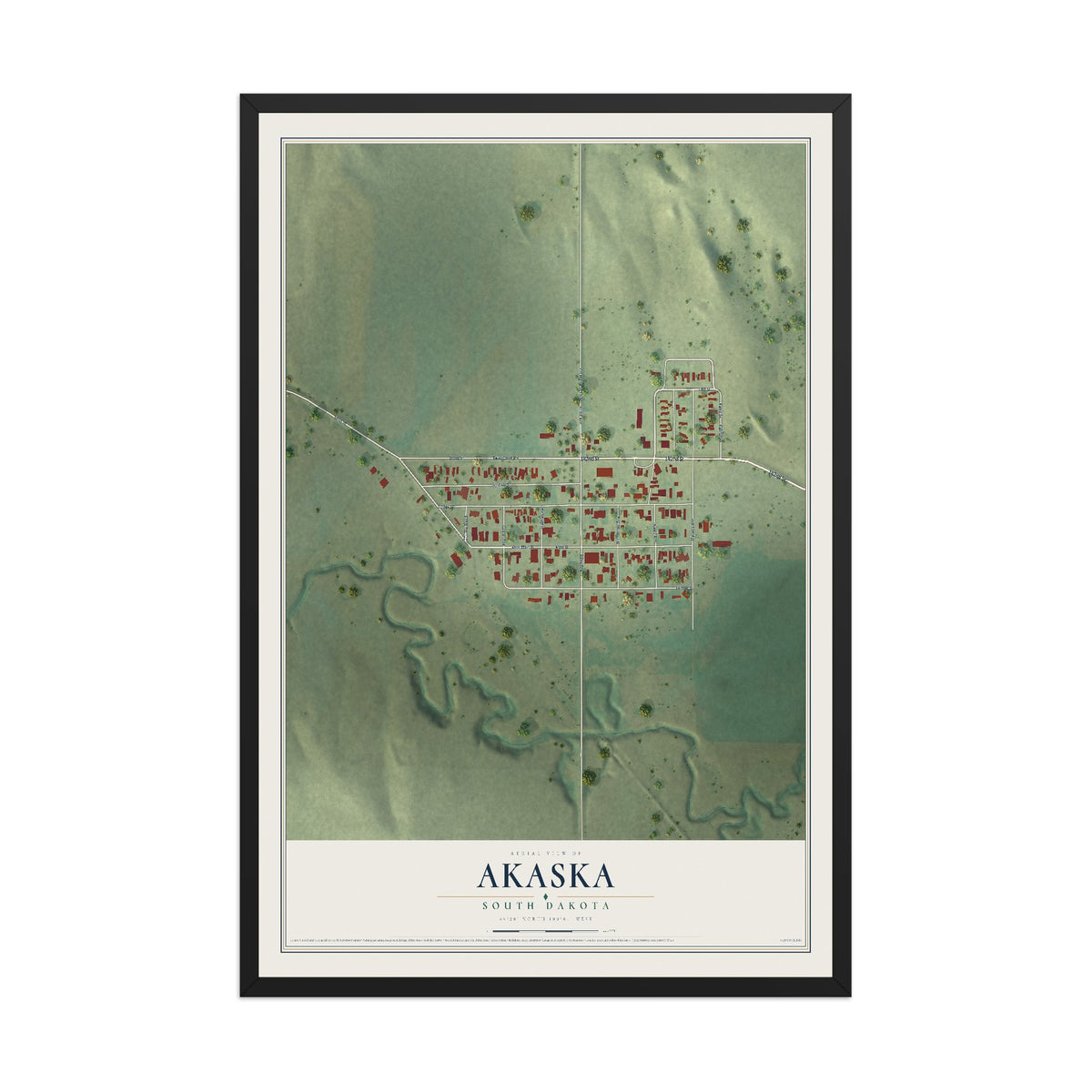 Map of Akaska, South Dakota, 12 x 18 inch print in a black wood frame