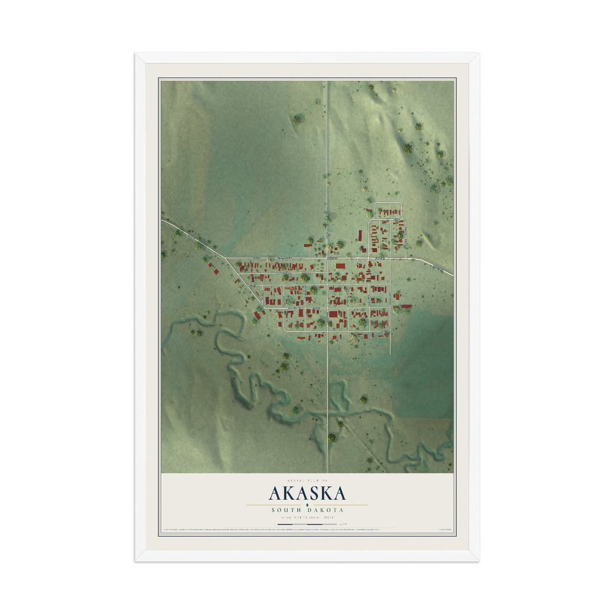 Map of Akaska, South Dakota, 12 x 18 inch print in a white wood frame