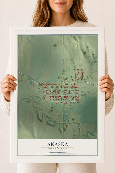 Map of Akaska, South Dakota, 18 x 24 inch print in a white wood frame