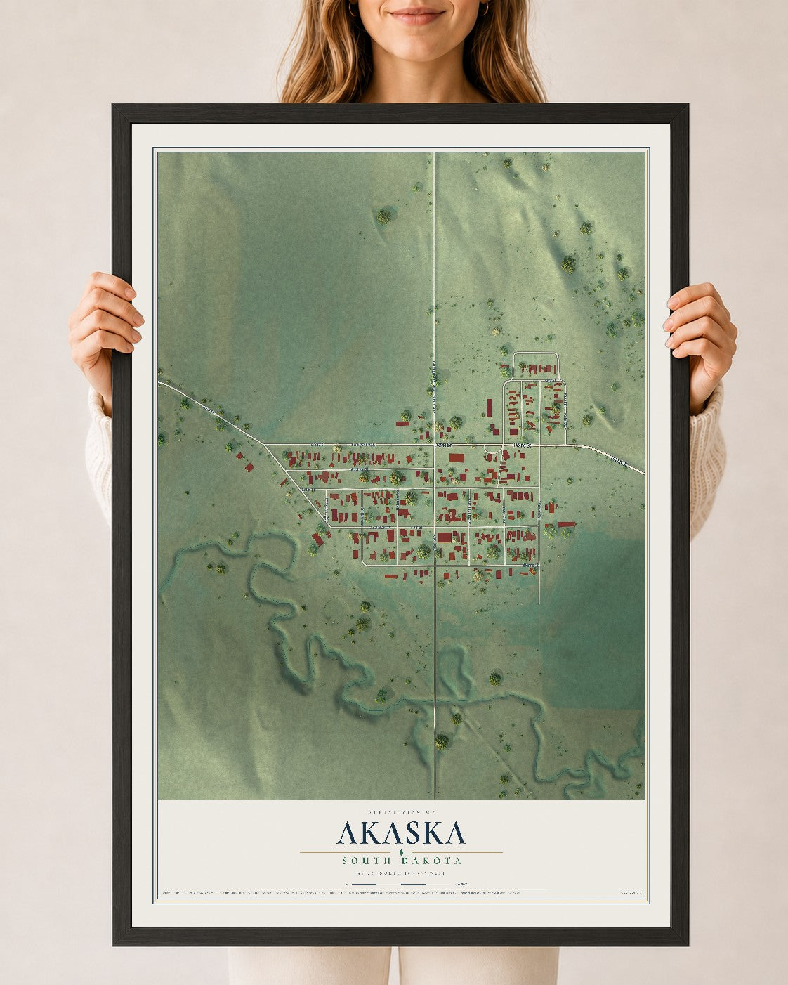 Map of Akaska, South Dakota, 24 x 36 inch print in a black wood frame
